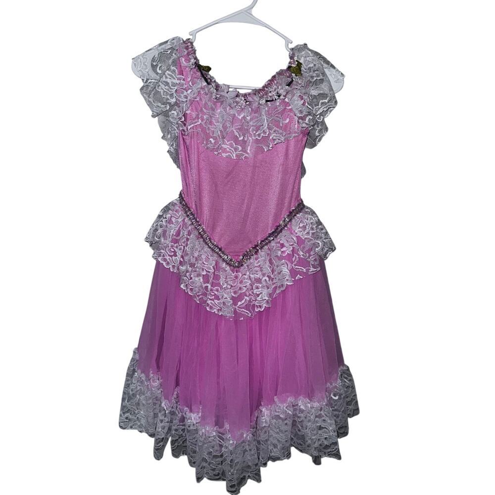 Vintage pink nylon lace kids dance dress sz L